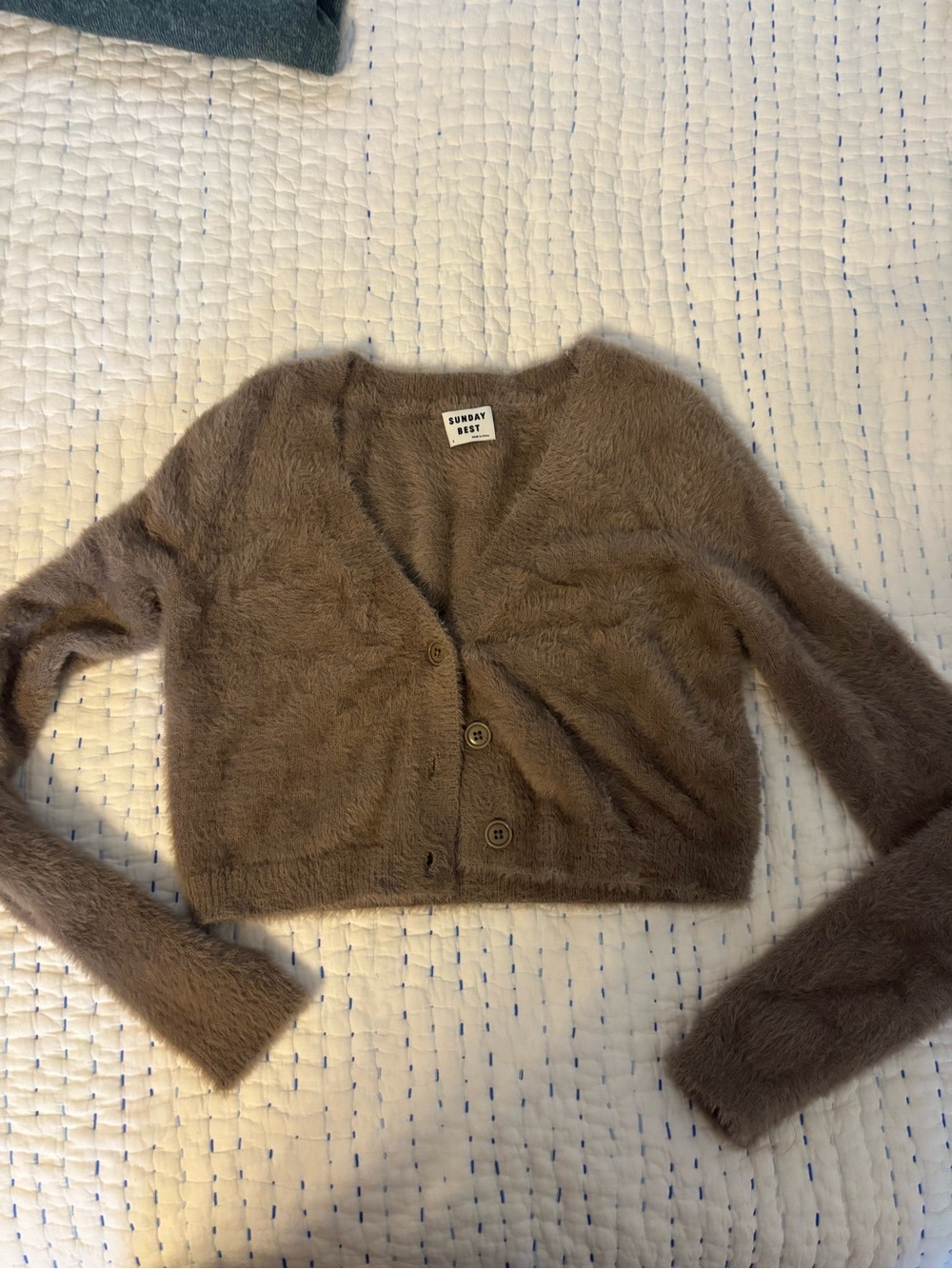 Aritzia Sunday Best Fuzzy Cropped Cardigan in Taupe